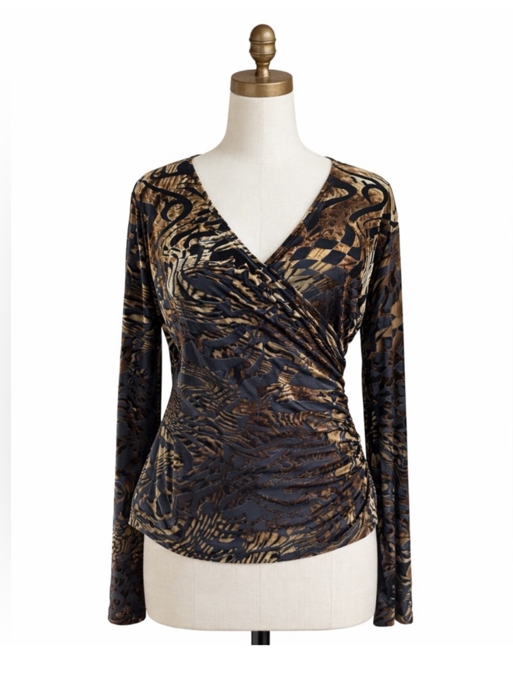 Susan Lawrence Black and Gold Faux-Wrap Long Sleeve Top